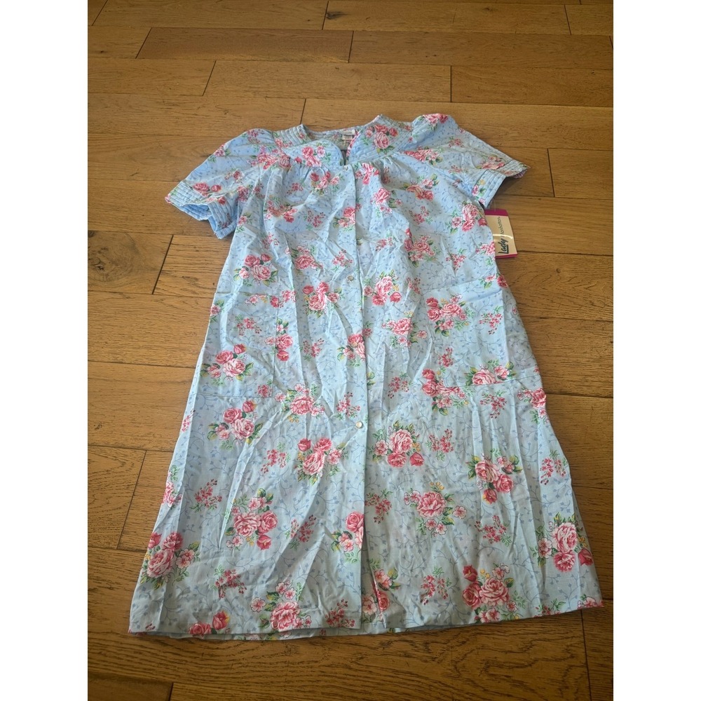Lady‎ Manhattan Vintage Floral House Dress Blue Pink Rose Snap Front Med (1136)